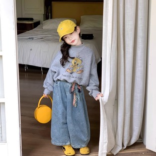 TOTObaby冬装韩系女童卡通加绒慵懒风套头卫衣时髦加绒牛仔弯刀裤