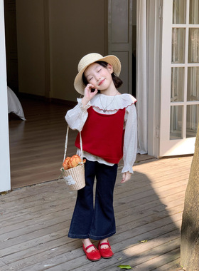 TOTObaby女童娃娃领衬衫红色针织马甲儿童秋新款喇叭裤田园风套装