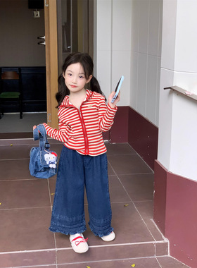 TOTObaby2026秋季新款女童红色条纹连帽开衫洋气花边牛仔直筒裤潮