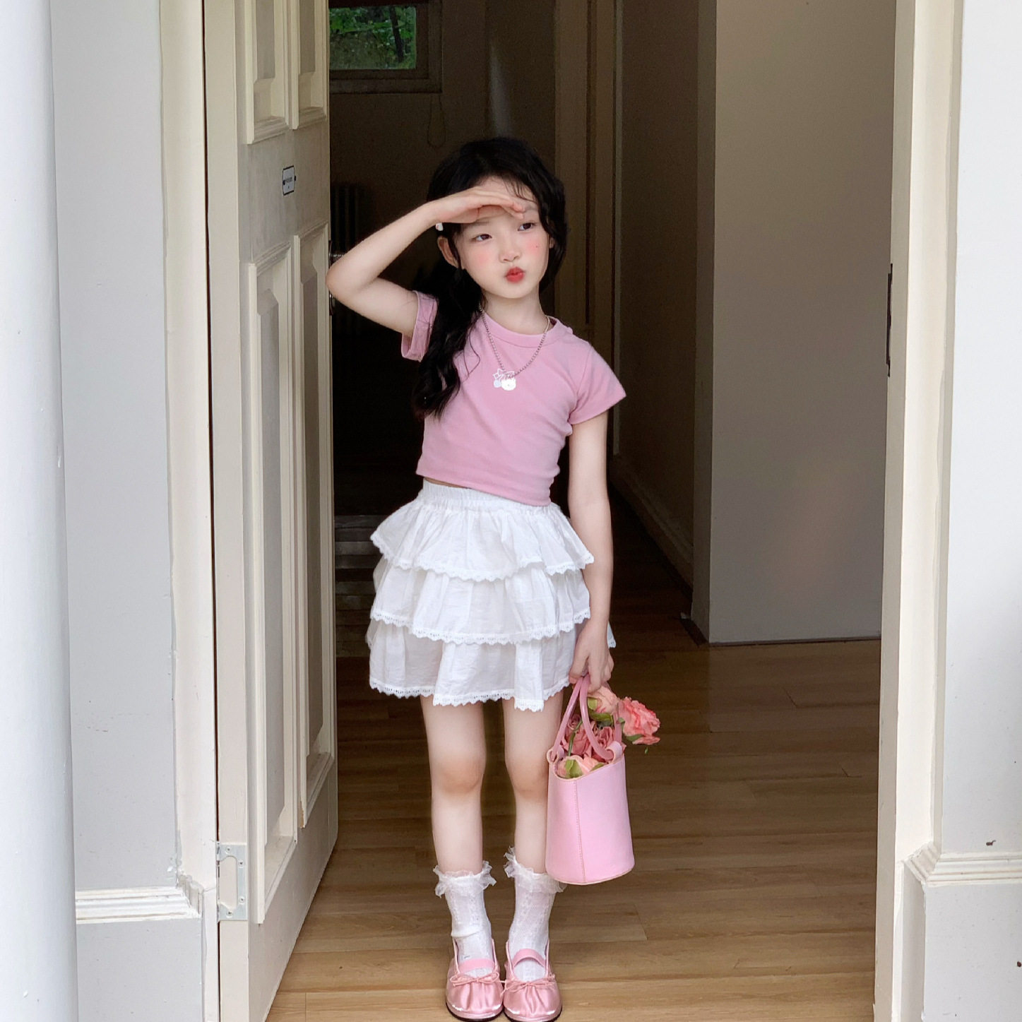 女童后背镂空绑带辣妹短袖T恤图片