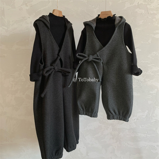 断码清仓 男女童韩版毛呢连帽加绒连体裤冬装儿童系带灯笼连身裤