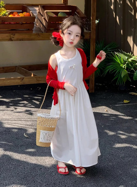 TOTObaby春夏2026新款女童洋气红色轻薄针织开衫贴标度假背心长裙