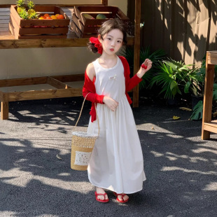TOTObaby春夏2026新款女童洋气红色轻薄针织开衫贴标背心长裙套装