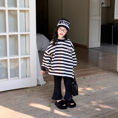 女童条纹加绒长款休闲慵懒卫衣