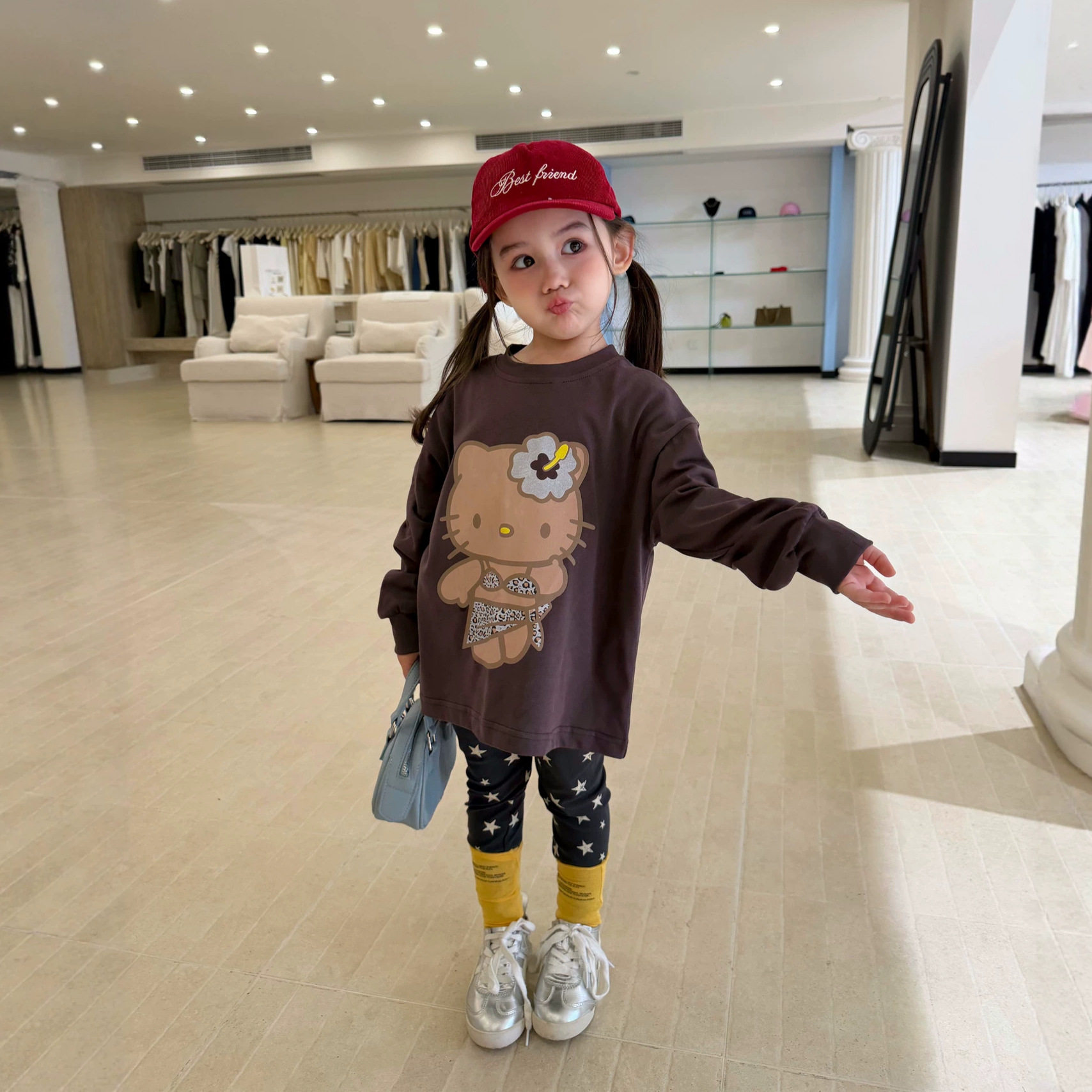 TOTObaby秋装新款韩版女童卡通中长款休闲慵懒风卫衣+星星打底裤