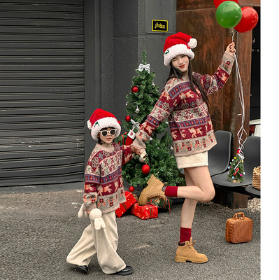 费尔岛亲子毛衣复古提花针织上衣