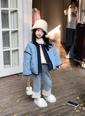 TOTObaby韩版冬装女童新款蓝色绗线棉服儿童加厚撞色保暖棉衣外套