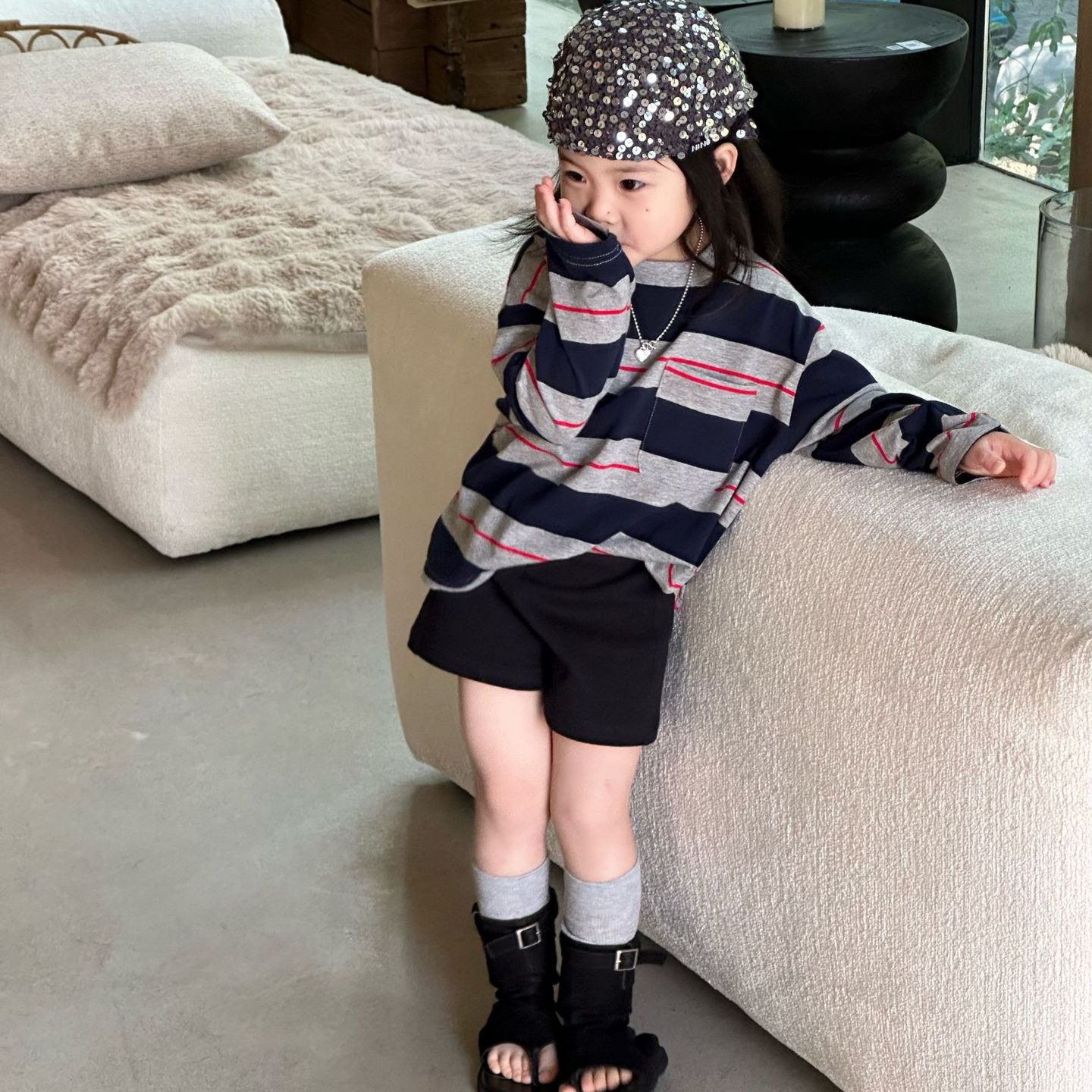 TOTObaby春季新款女童美式复古撞色条纹长袖慵懒T恤+黑色短裤套装,童装/婴儿装/亲子装,T恤,淘宝优惠券,粉丝福利购,淘宝优惠卷