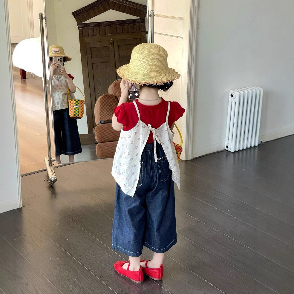 TOTObaby女童2025夏装新款森系可爱碎花吊带上衣红色短袖T恤套装