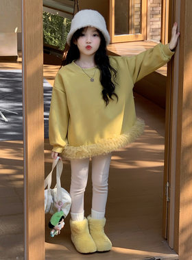 女童中长款花边拼纱加绒卫衣