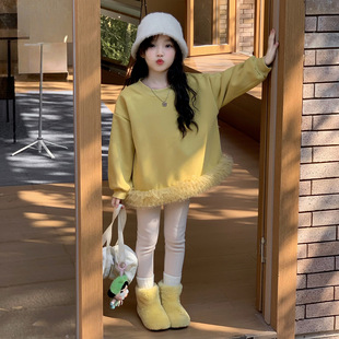 TOTObaby韩版女童拼纱加绒卫衣2026冬季女宝宝洋气中长款花边上衣