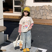 TOTObaby女童假两件条纹撞色卡通长袖 儿童弯刀牛仔裤 T恤春装 新款