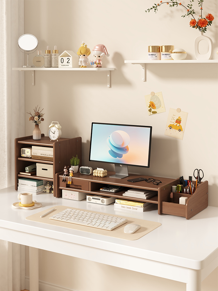 三梦台式电脑增高架显示器支架桌面置物架办公室工位带抽屉收纳架