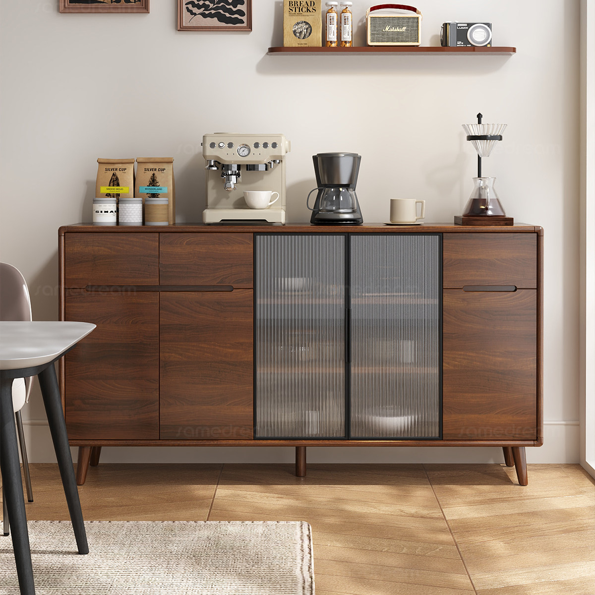 三梦胡桃色餐边柜一体现代实木客厅酒柜储物柜靠墙置物收纳柜酒柜