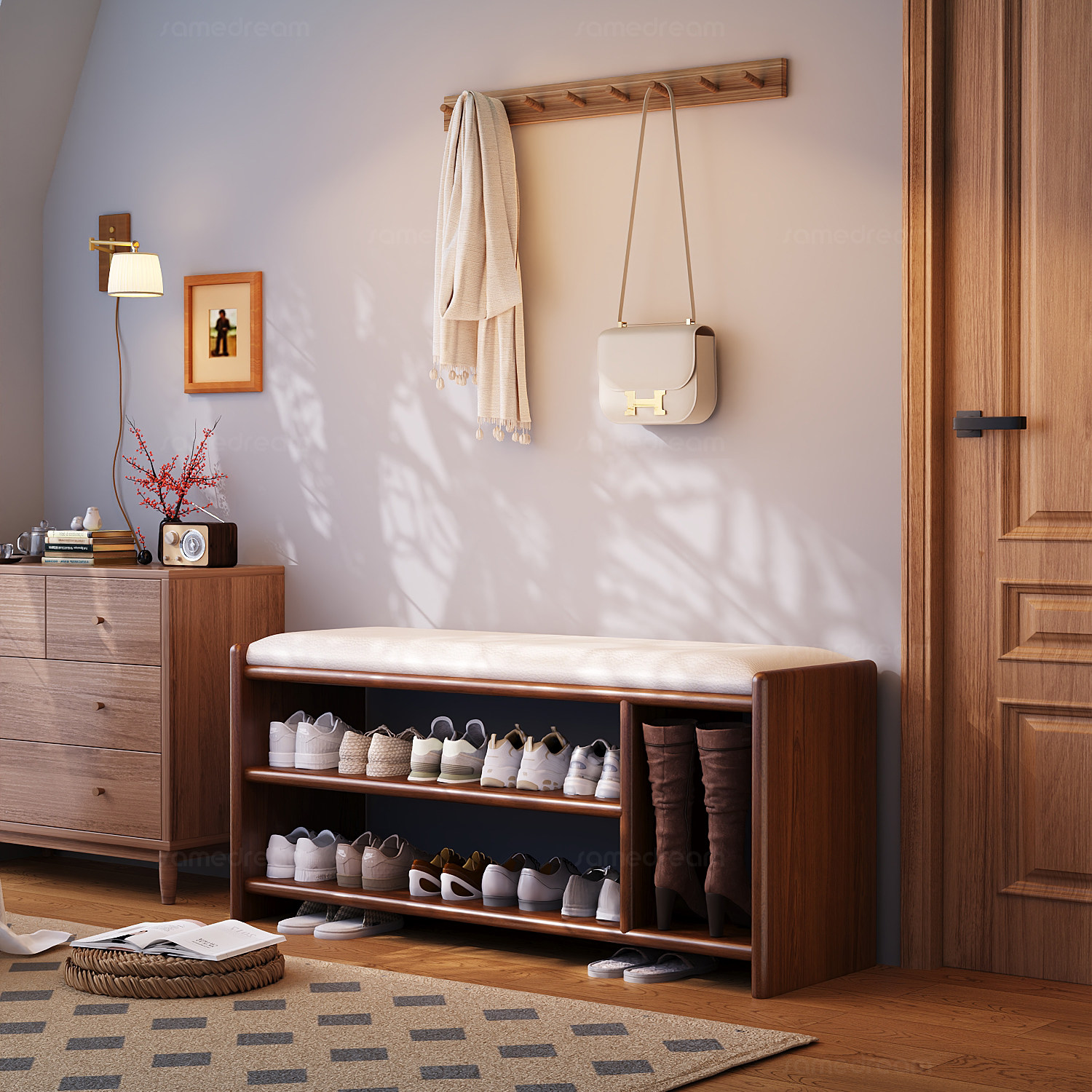 三梦实木换鞋凳入户门口一体家用鞋柜室内穿鞋凳可坐鞋架多层收纳,住宅家具,鞋架,淘宝优惠券,粉丝福利购,淘宝优惠卷