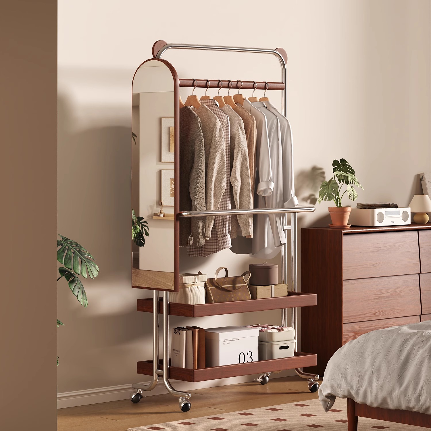 熊耳带镜衣帽架置物架