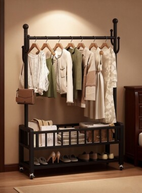 卧室落地挂衣架次净衣移动床尾晚上放衣服神器鞋架衣帽架一体晾晒