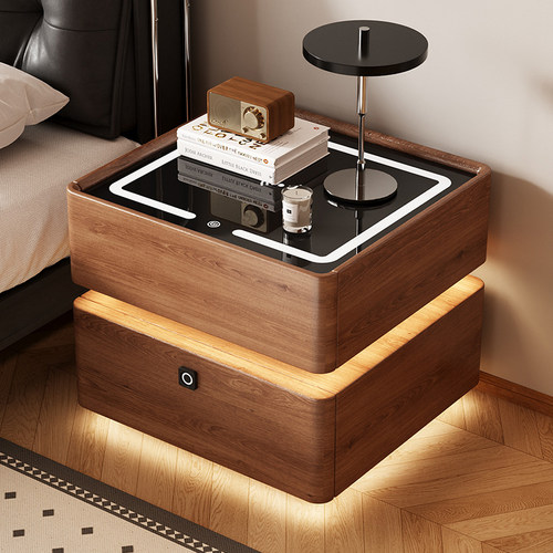 智能床头柜家用卧室实木床边柜子轻奢高级感指纹锁小型收纳储物柜