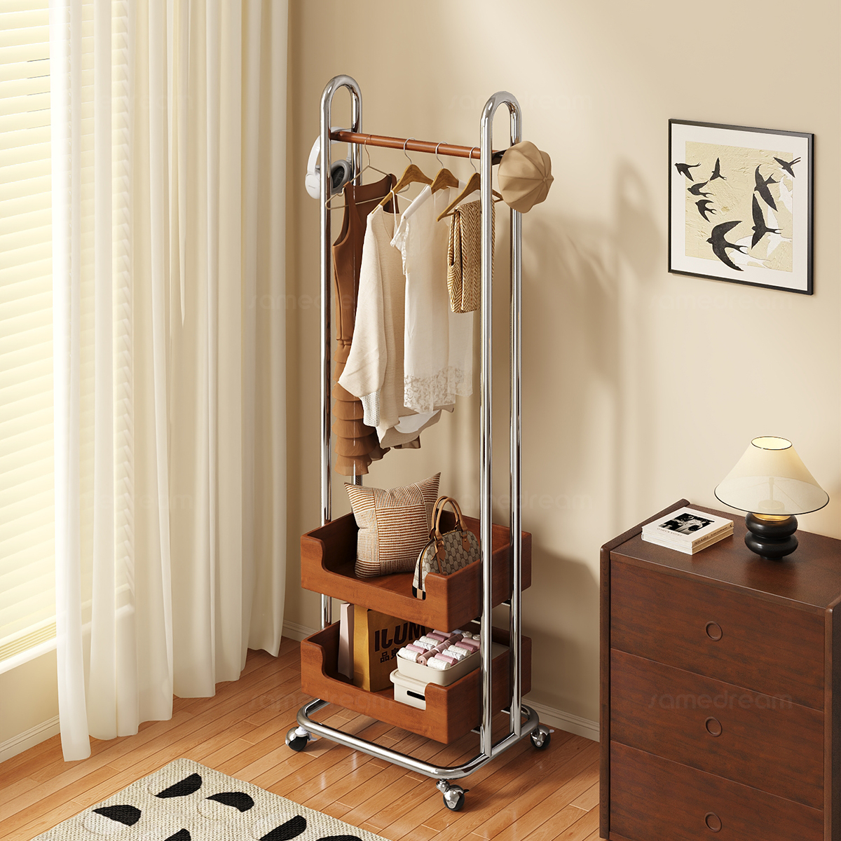 三梦实木卧室落地挂衣架