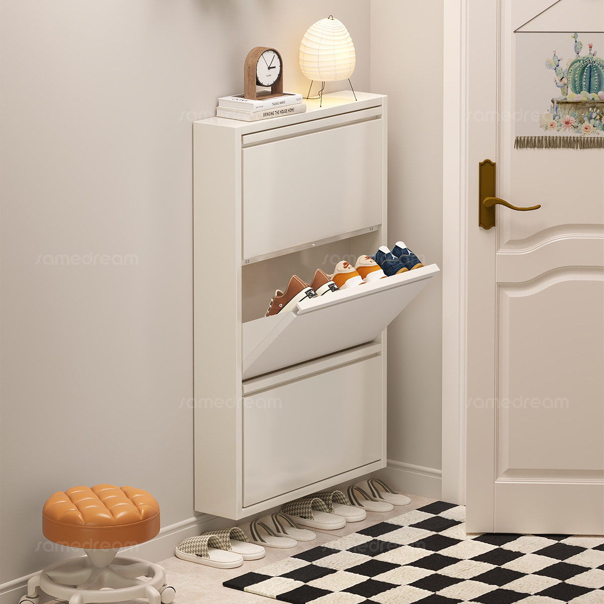 三梦钢制鞋柜超薄免安装整装入户门鞋架子一体靠墙家用门口收纳柜