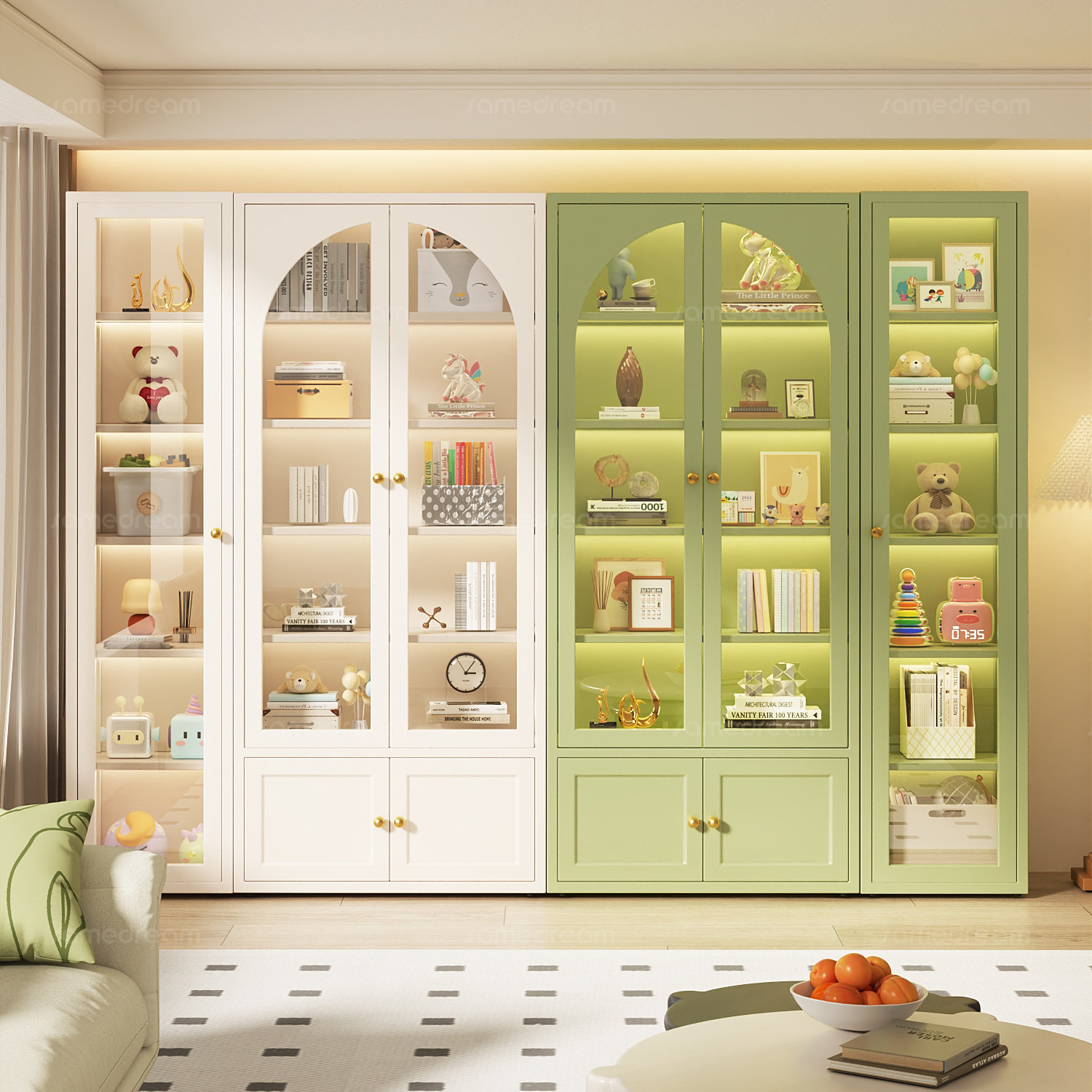 三梦书柜带玻璃门法式客厅展示柜落地钢制整墙柜子防尘家用组合柜