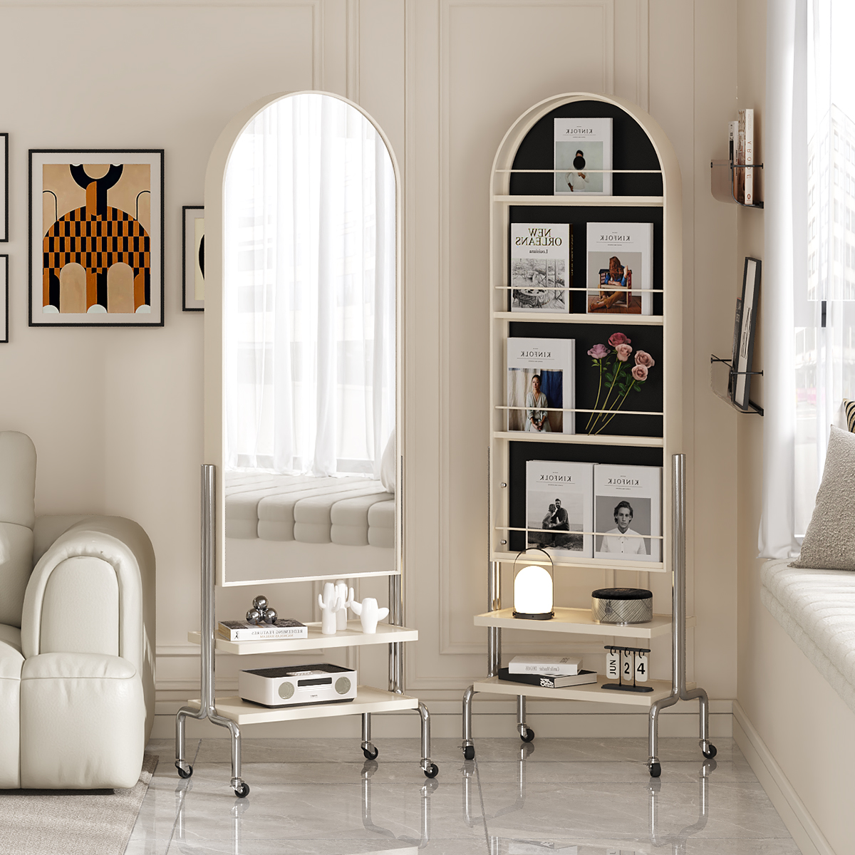 可移动全身镜落地镜家用收纳置物架杂志架卧室试衣镜旋转穿衣镜子