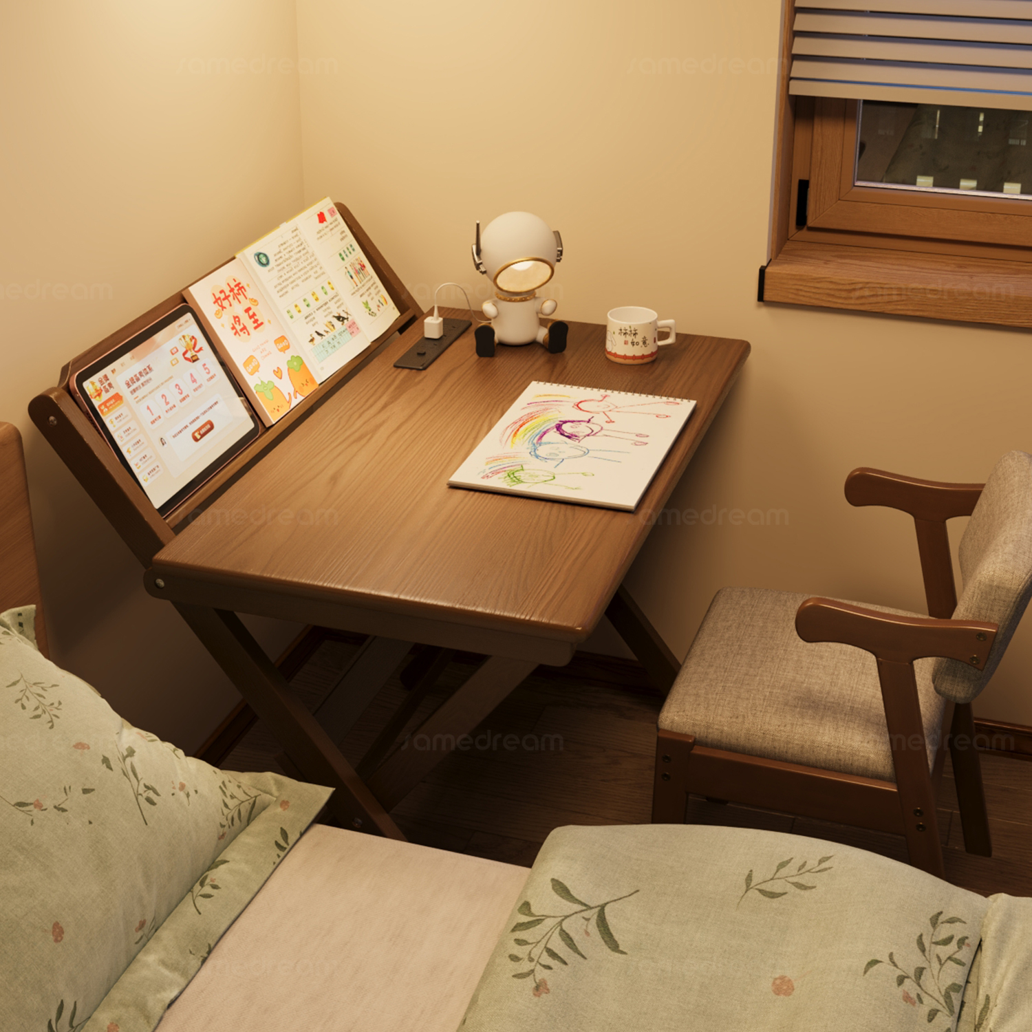 三梦全实木折叠书桌卧室小户型床边卓学生学习桌家用简易办公桌子