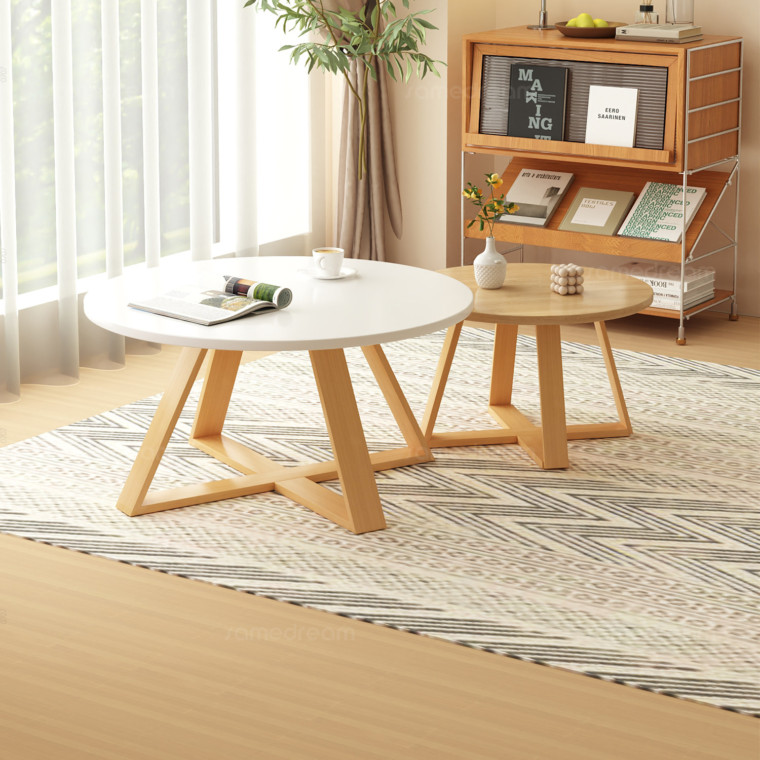 圆形茶几实木简约组合装客厅家用原木奶油风卧室小圆桌子阳台茶桌