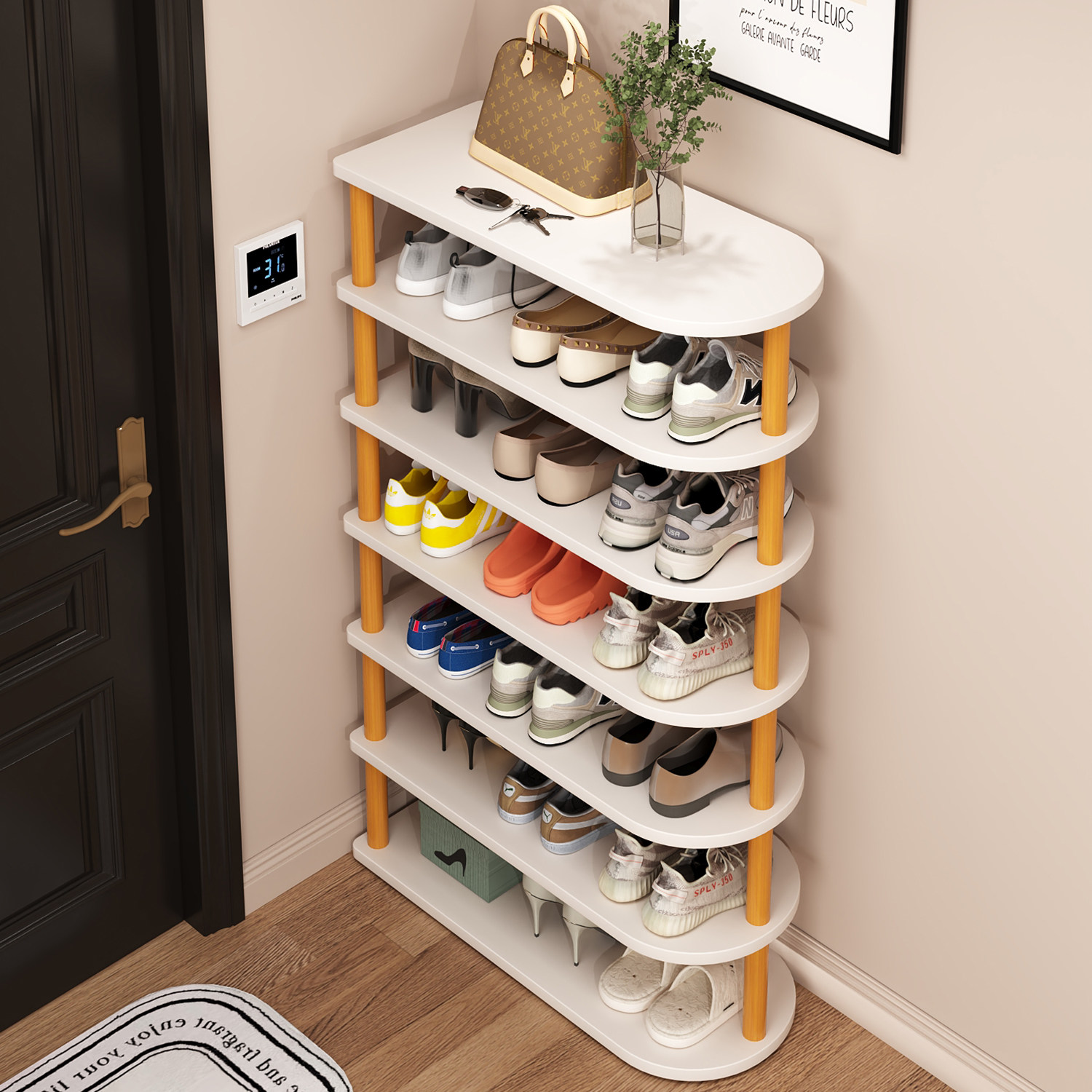 三梦简易鞋架实木腿多层家用不占地方入户门小窄门口一体靠墙鞋柜,住宅家具,鞋架,淘宝优惠券,粉丝福利购,淘宝优惠卷