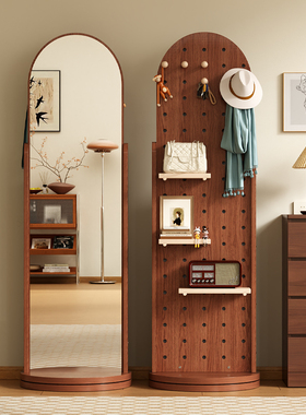 三梦洞洞板穿衣镜旋转全身镜家用衣挂一体镜置物架落地试衣镜子