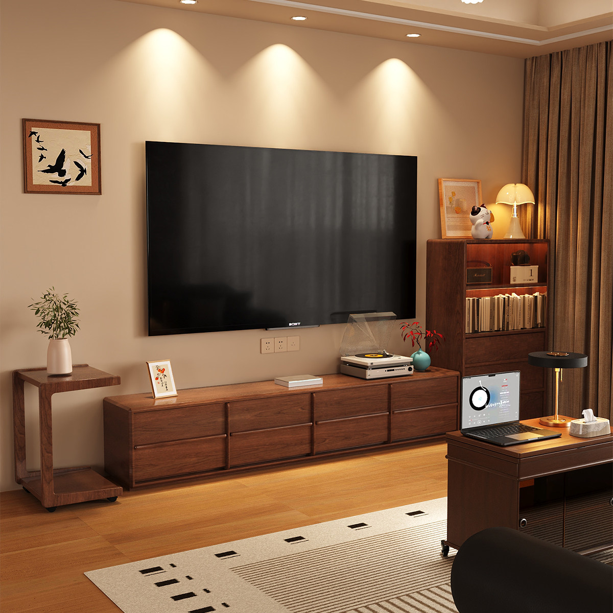 三梦中古风实木电视柜新款小户型骨骼线客厅家用黑胡桃木电视机柜