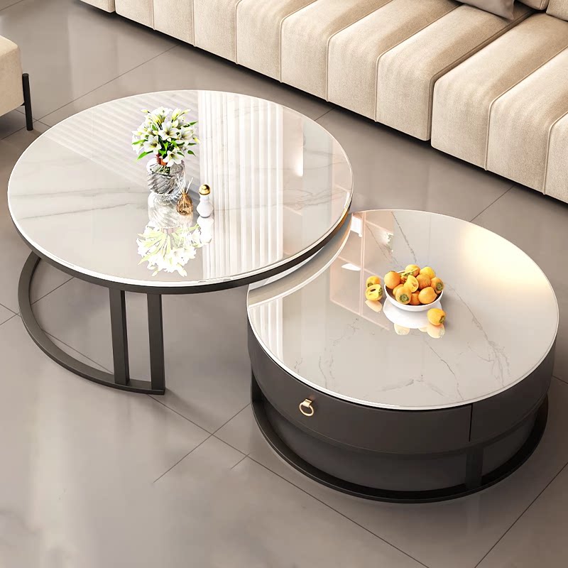 岩板茶几客厅家用2024新款小户型圆形玻璃轻奢简约现代电视柜组合