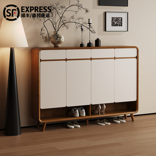 胡桃色实木室内鞋柜储物柜一体