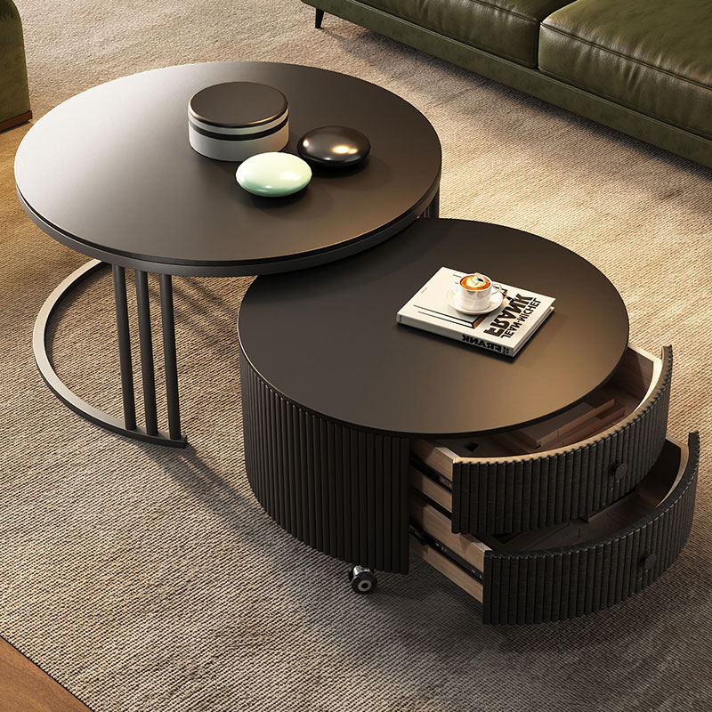 岩板茶几客厅家用2024新款轻奢现代简约小户型黑色圆形意式极简