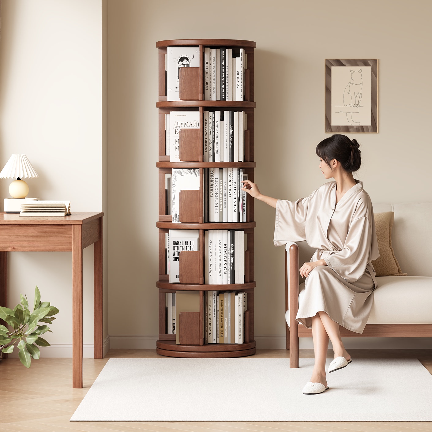 三梦实木旋转书架360度落地