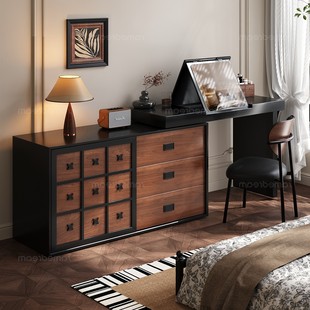 三梦中古风梳妆台斗柜一体卧室复古风化妆桌高级床尾伸缩化妆台