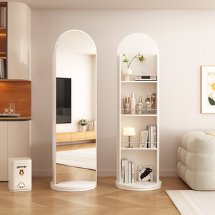 奶油全身镜家用落地镜可旋转移动穿衣镜杂志书架储物一体试衣镜子