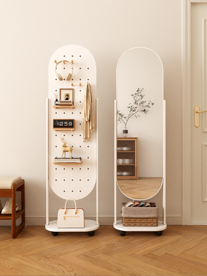 洞洞板穿衣镜可移动落地镜旋转全身镜衣挂架一体家用置物试衣镜子