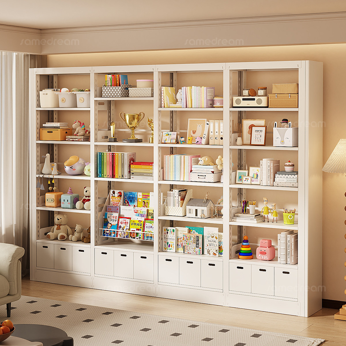 三梦钢制图书馆书架落地置物架书柜一体靠墙客厅绘本简易收纳整墙,住宅家具,书架,淘宝优惠券,粉丝福利购,淘宝优惠卷