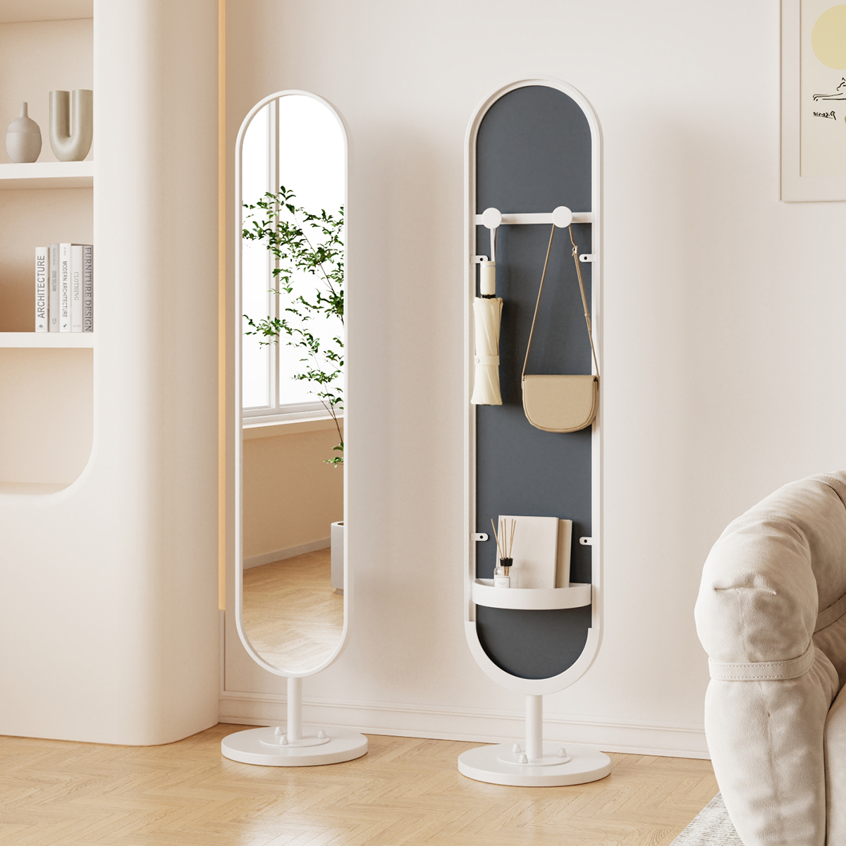 异形可旋转带收纳穿衣镜高清成像