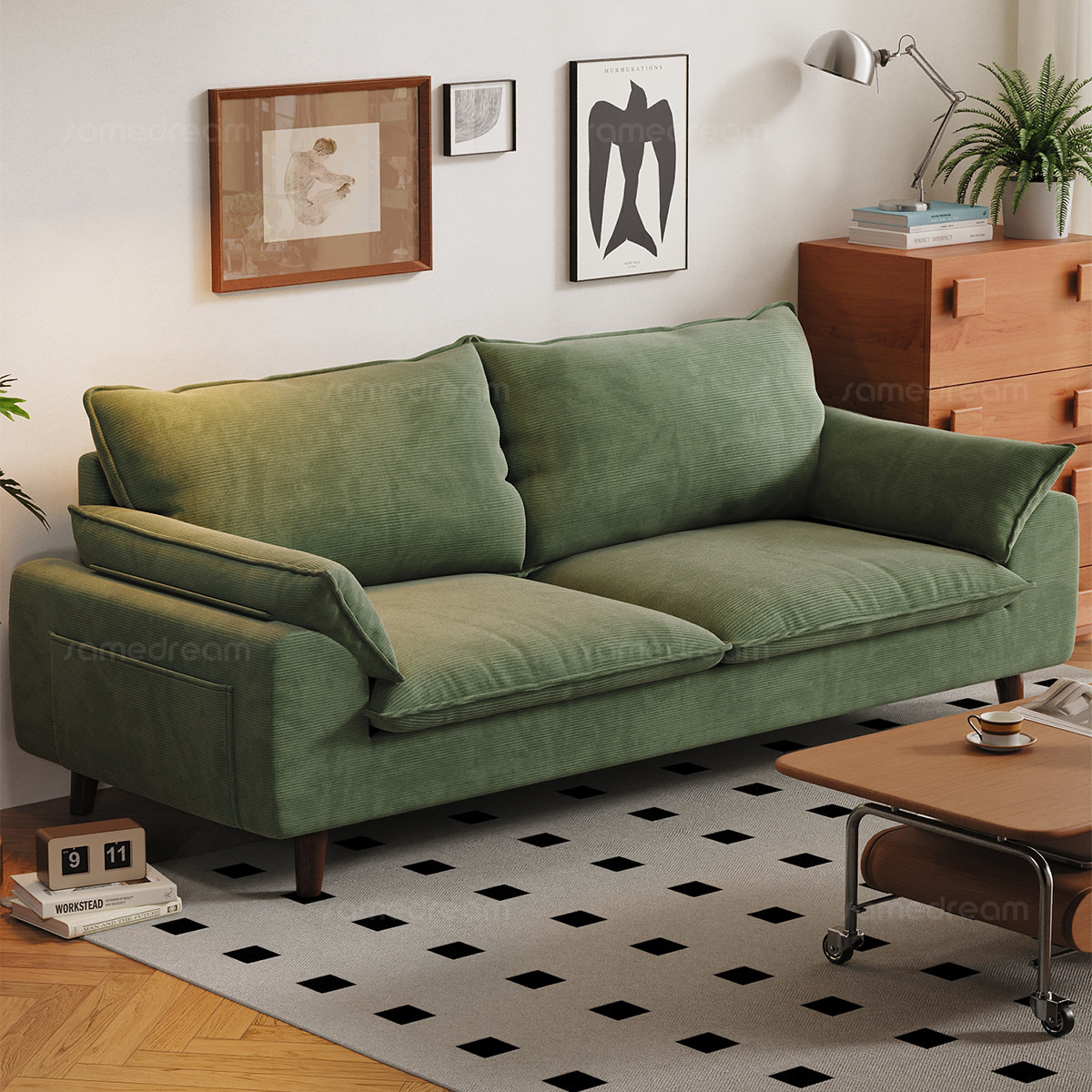 政府补贴复古绿色灯芯绒沙发简约小户型客厅公寓可拆洗三人位沙发
