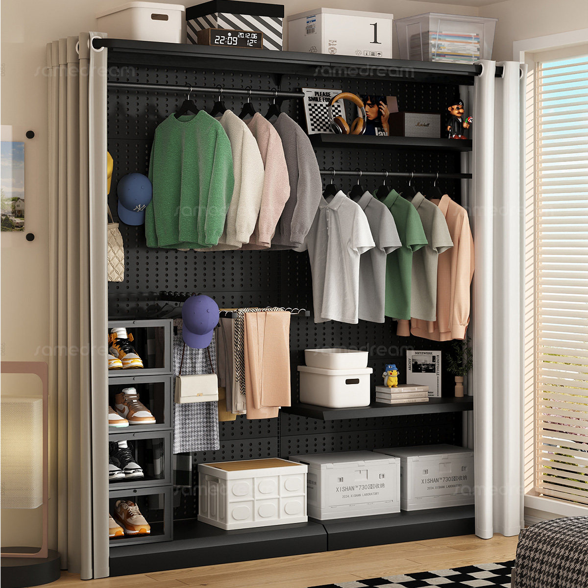 洞洞板衣柜卧室出租房简易开放式衣柜带防尘帘衣柜落地金属置物架,住宅家具,独立衣柜,淘宝优惠券,粉丝福利购,淘宝优惠卷