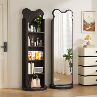 中古风小熊旋转穿衣镜可移动全身落地镜家用杂志书架储物试衣镜子
