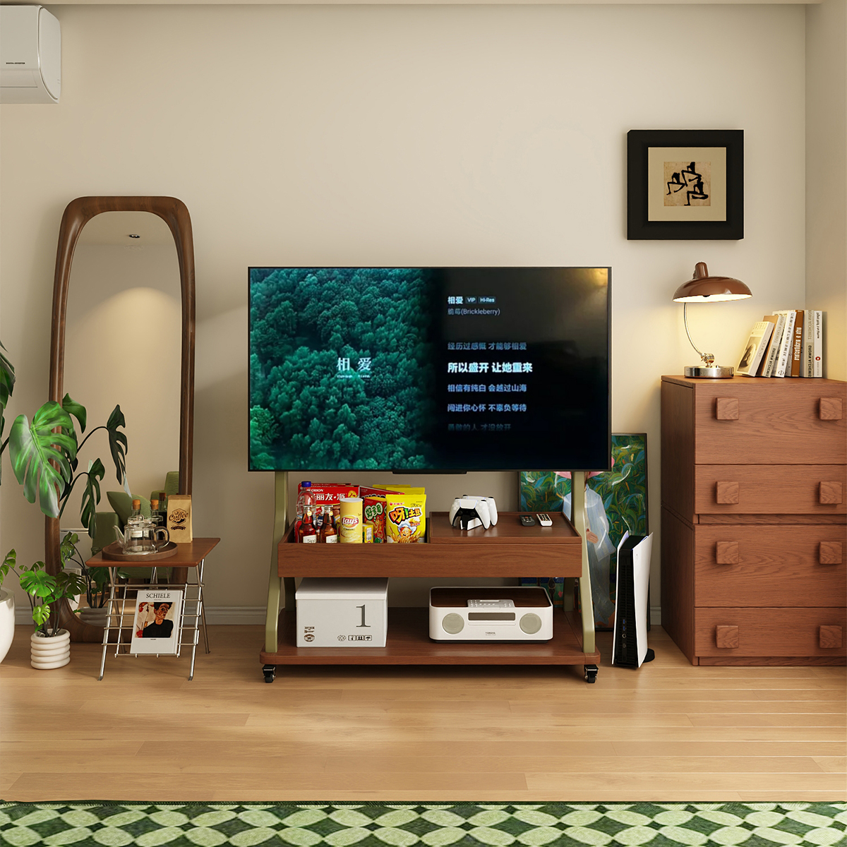 三梦可移动电视柜小户型落地客厅家用2025新款实木中古风电视支架