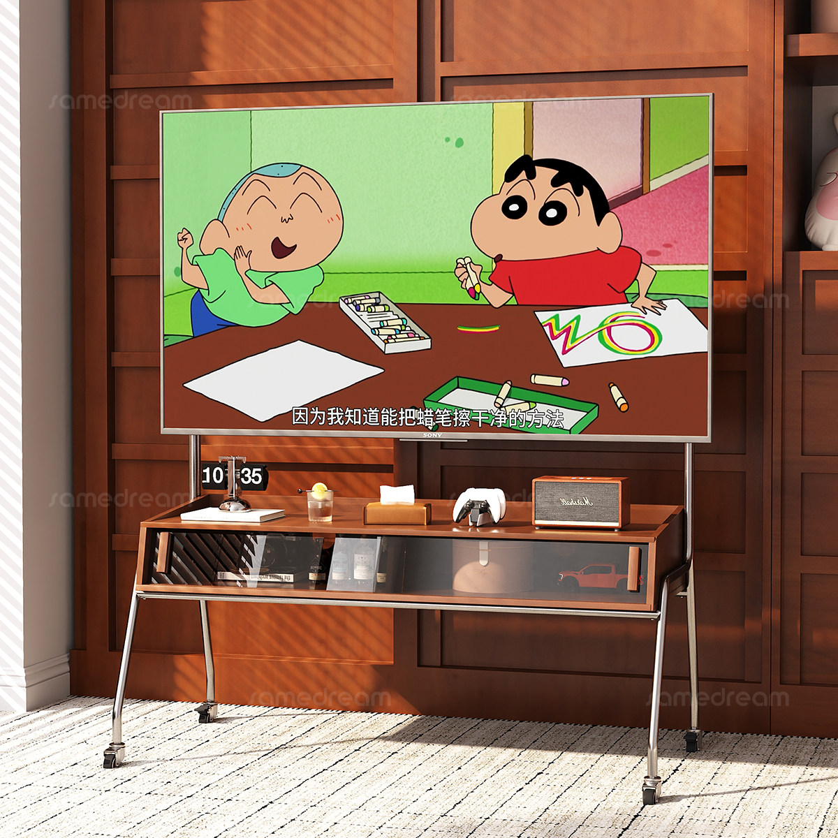 三梦可移动电视柜中古风落地2025新款客厅家用实木电视移动支架