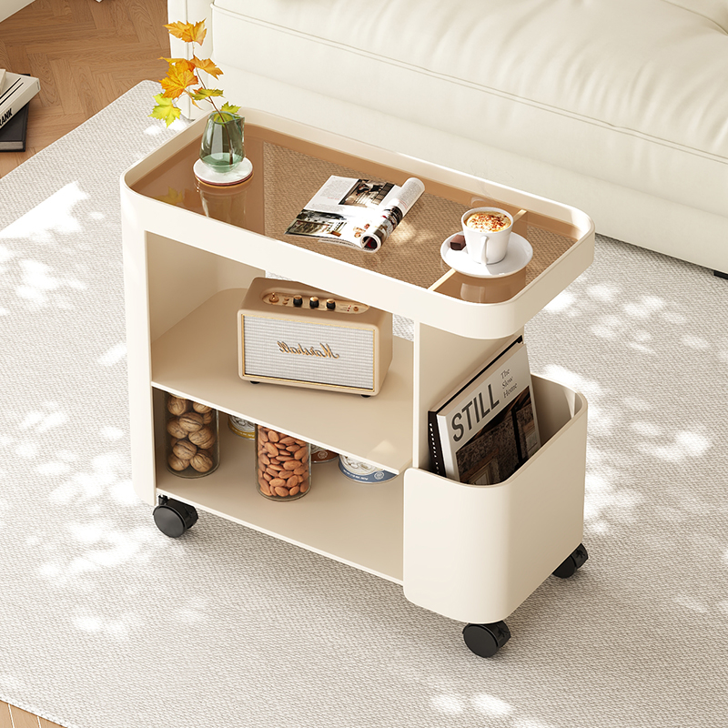 三梦可移动奶油风沙发边几侧边柜床头小桌子置物架客厅铁艺推车