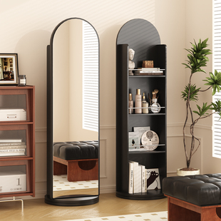 中古风全身镜家用落地镜可旋转移动穿衣镜杂志架书架储物试衣镜子