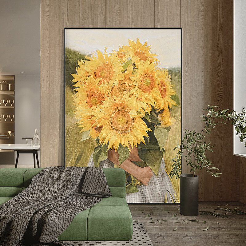 向日葵客厅装饰画 画北欧原木风巨幅落地画 画沙发背景墙挂画 画