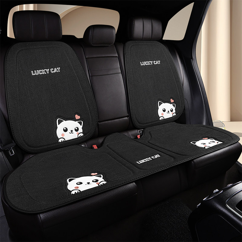 卡通汽车坐垫夏季透气猫咪可爱涤麻四季通用后排座半包围座垫座套