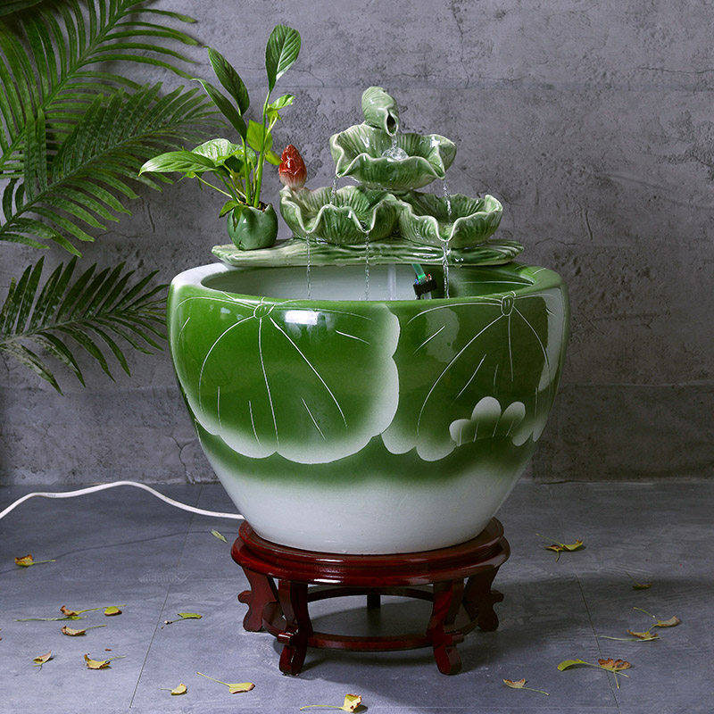 景德镇陶瓷鱼缸落地循环流水造景套装办公室茶室流水摆件喷泉加湿